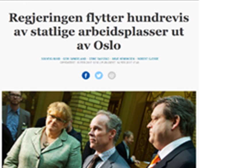 Utklipp fra Aftenposten: "Regjeringen flytter hundrevis av statlige arbeidsplasser ut av Oslo"